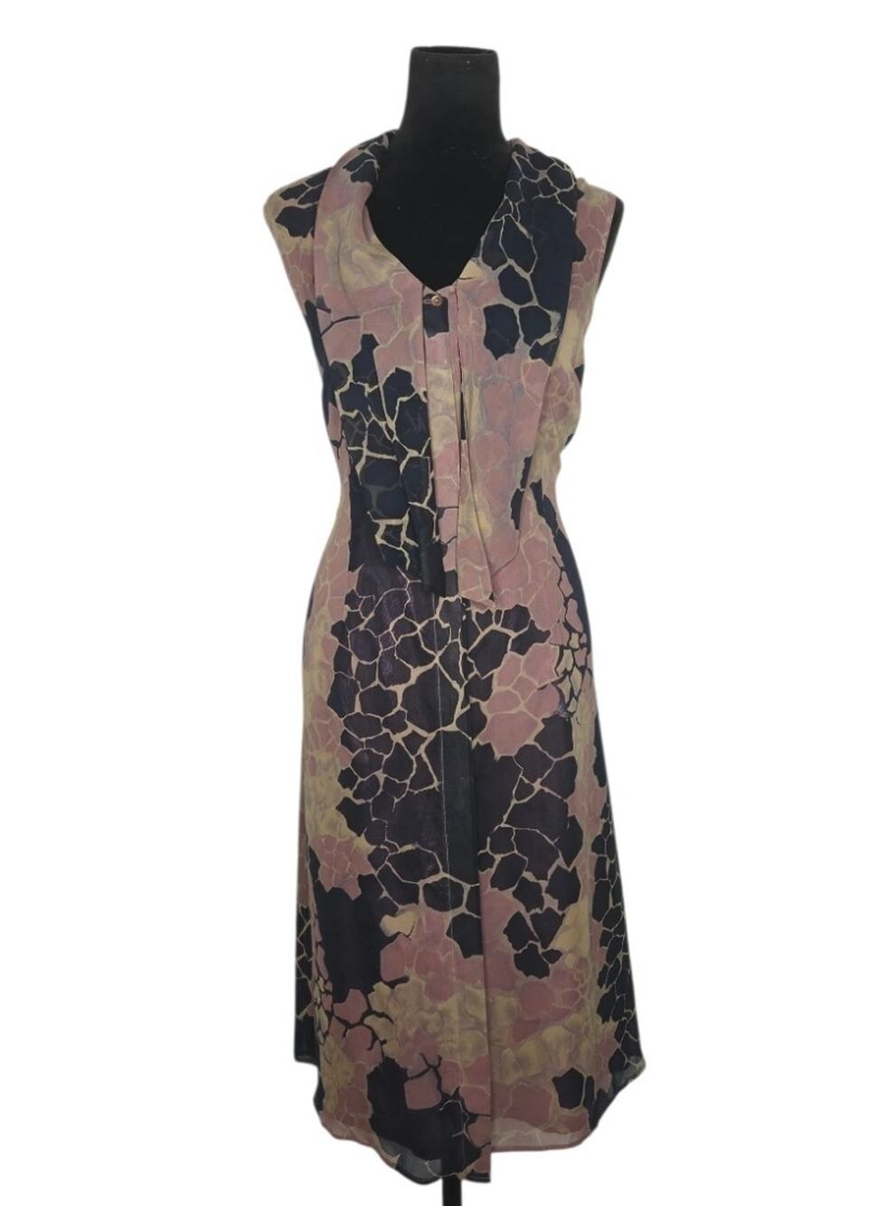 VTG TESS 100% Silk Button Front Dress Size 14 Abstract Print Midi Scarf Neck